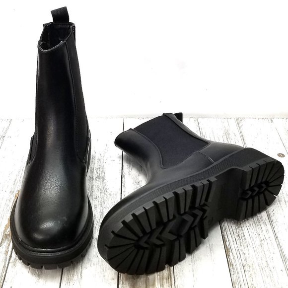 New Black Chelsea Round Toe Elastic Panel Platform Lug Sole Combat Boots - Picture 6 of 6